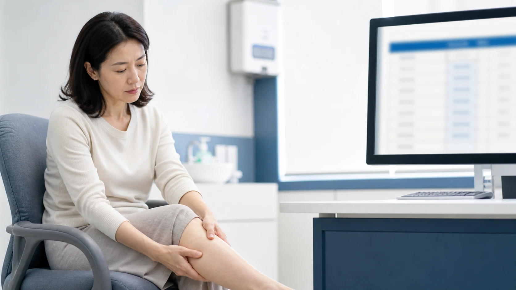 하지정맥류 수술 비용 상담을 위해 종아리를 살펴보는 환자